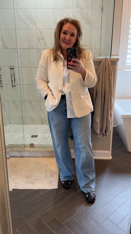 Outfit inspired by my friend Tracy at The Fashion Sessions 
New blazer is a lightweight linen like lined blazer in our favorite notch collar blazer 10% off code NANETTE10

Jeans size 14 short 
Blouse size 2.5 I went oversized in this no iron blouse 

Spring outfit jeans cool girl style 

#LTKover40 #LTKmidsize #LTKfindsunder100
