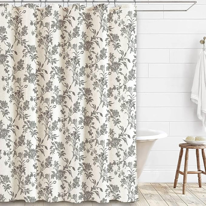 Black Shower Curtain Floral Cotton Linen Cottagecore Shower Curtain for Bathroom 72" W x 84" L | Amazon (US)