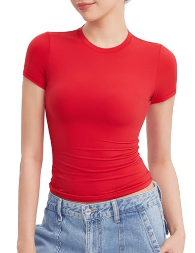 PUMIEY Women's Crew Neck Basic Tops Slim Fit Short Sleeve T Shirts Summer Crop Tops, Ruby X-Large | Amazon (US)