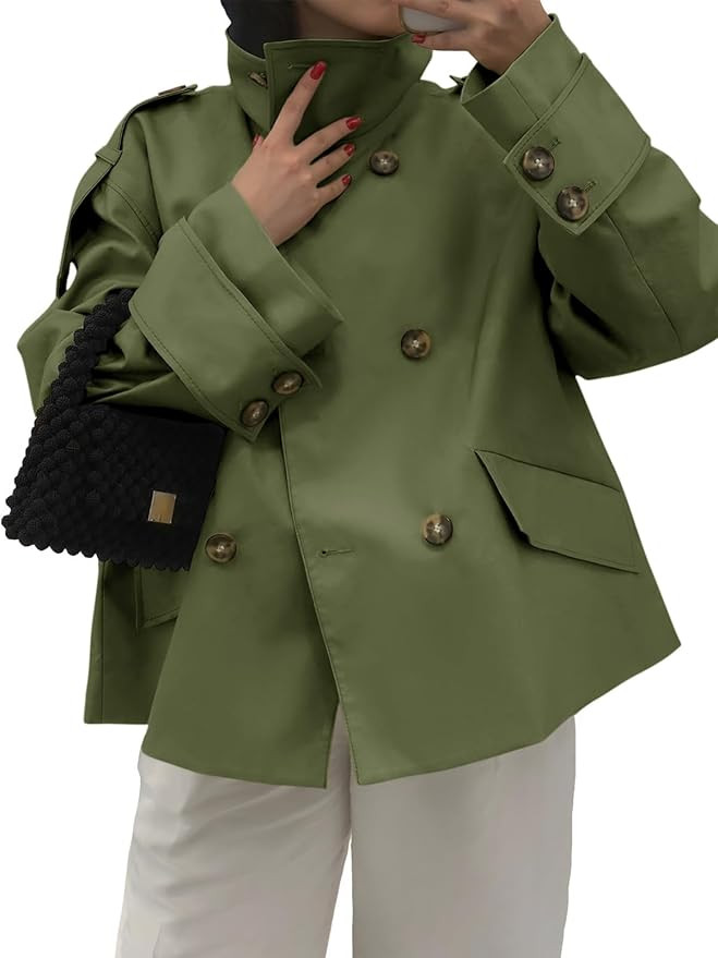 Tankaneo Womens Cropped Trench Coat Oversized Double Breasted Stand Collar Short Jacket Fall Casu... | Amazon (US)