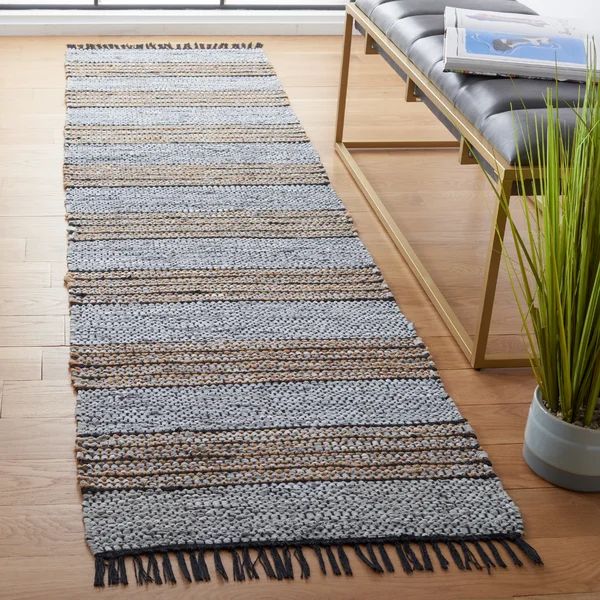 Striped Handwoven Cotton/Leather/Jute Blue/Brown Area Rug | Wayfair Professional