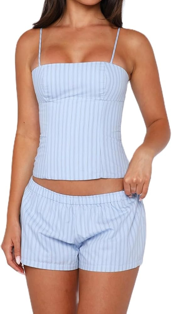SOLILOQUY Women's Y2K Striped 2 Piece Outfits Spaghetti Strap Lace Up Back Cami Top + Elastic Wai... | Amazon (US)