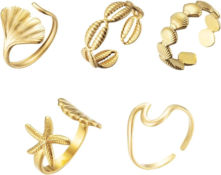 Yuoos 5PCS Gold Seashell Rings for Women Beach Surfer Starfish 18k Gold Dainty Seashell Wave Stac... | Amazon (US)