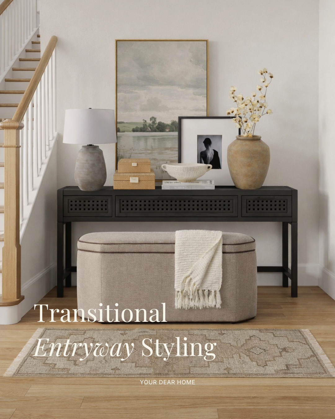 A transitional entryway strikes that sweet spot between classic and current.
The black console grounds the space, while warm wood floors, soft neutrals, and timeless art keep it feeling easy and lived-in! 

 #LTKHome