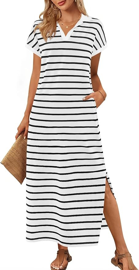 MEROKEETY Women's Summer Striped Short Sleeve Dress V Neck Collared Side Slit Casual Beach Maxi D... | Amazon (US)