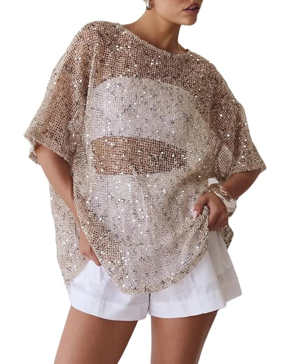Women Sequin Sheer Short Sleeve Glitter T Shirt Oversized Sparkly Hollow Out Knit Cover Up Beach ... | Amazon (US)