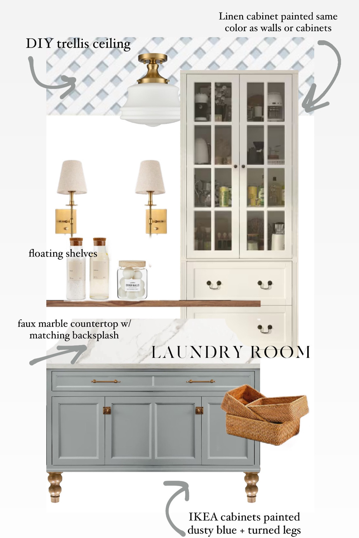 Freestanding white linen cabinet with French doors, brass wall sconces, rattan storage baskets, turned wood furniture legs 

#LTKFindsUnder100 #LTKSaleAlert #LTKHome