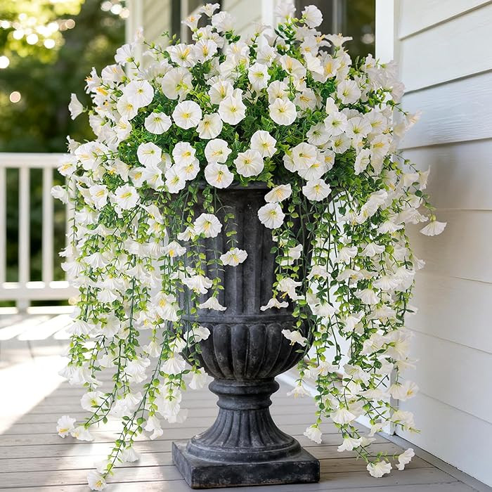 Artificial Hanging Petunias Flowers for Outdoor, 2pcs Fake Plants Long Vine Morning Glory Eucalyp... | Amazon (US)