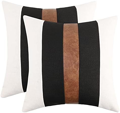 JASEN Set of 2 Faux Leather and Linen Throw Pillow Covers 18x18 Inch Black and White Modern Farmhous | Amazon (US)