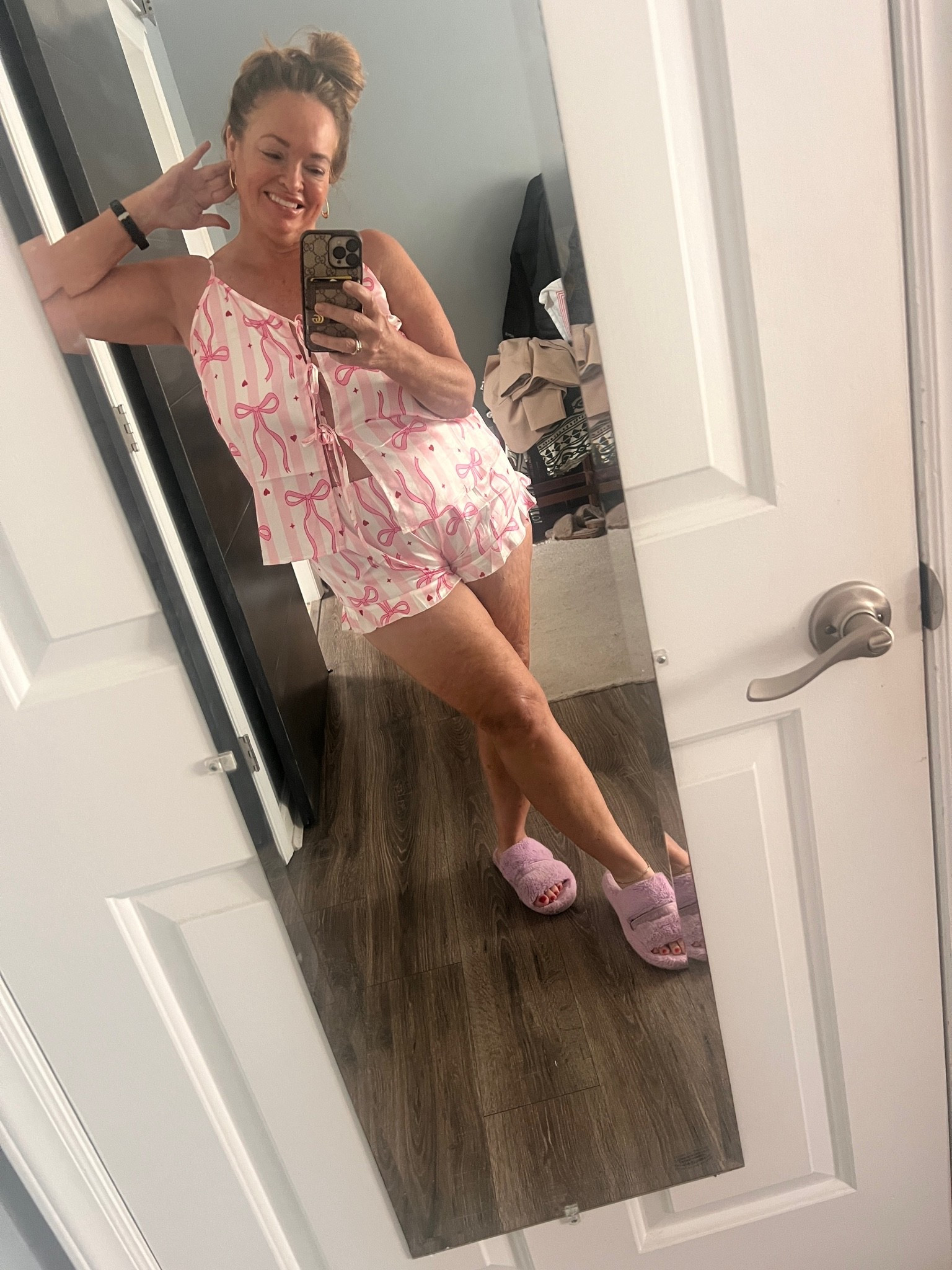 Super feminine pj set featuring 3 string ties in the front with adjustable shoulder straps and a ruffle edge tap short in a fin pink bow heart design!

#LTKselfcare #LTKmorningroutine #LTKstorytime