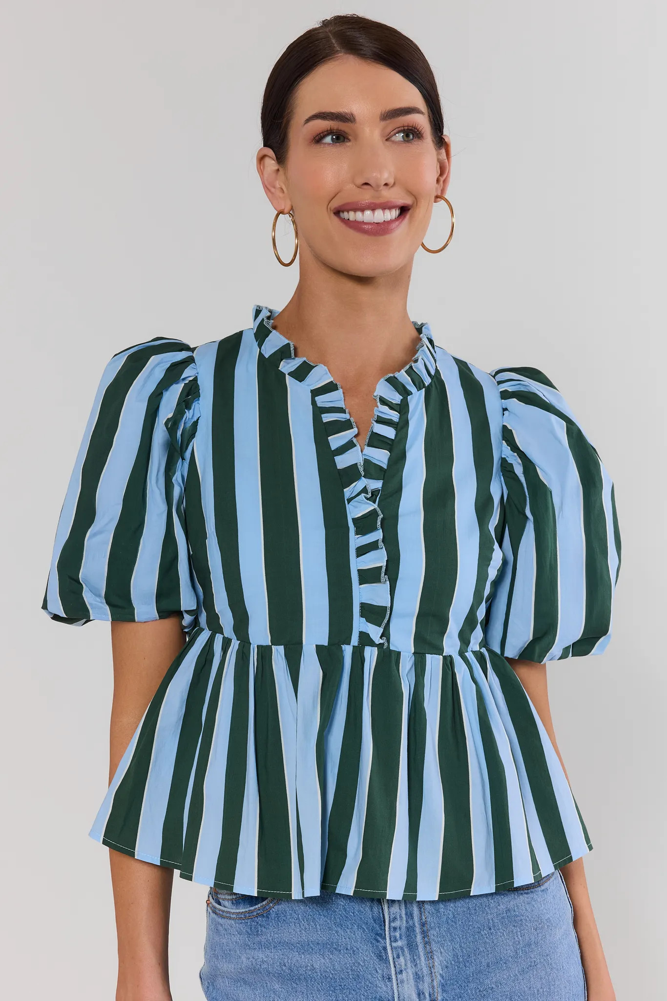 Blue Striped Ruffle Peplum Top | Avara