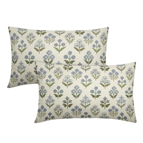 Sivirary Blue Green Block Print Lumbar Pillow Covers 12x20 Inch Set of 2, Vintage Floral Decorative Throw Pillow Cases Boho Cushion Covers Rustic Decoration Gift Farmhouse Sofa Couch Bed Decor | Amazon (US)
