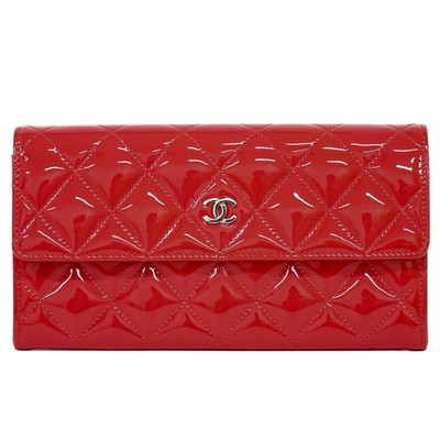 CHANEL CC Matelasse Patent Leather Long Wallet Red Silver | eBay UK