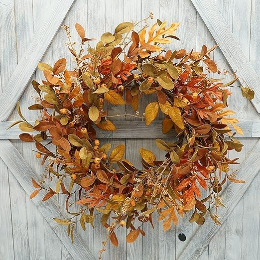 AMF0RESJ Artificial Fall Wreath for Front Door Autumn Wreath with Bright Oak Leaves,Small Pumpkin... | Amazon (US)