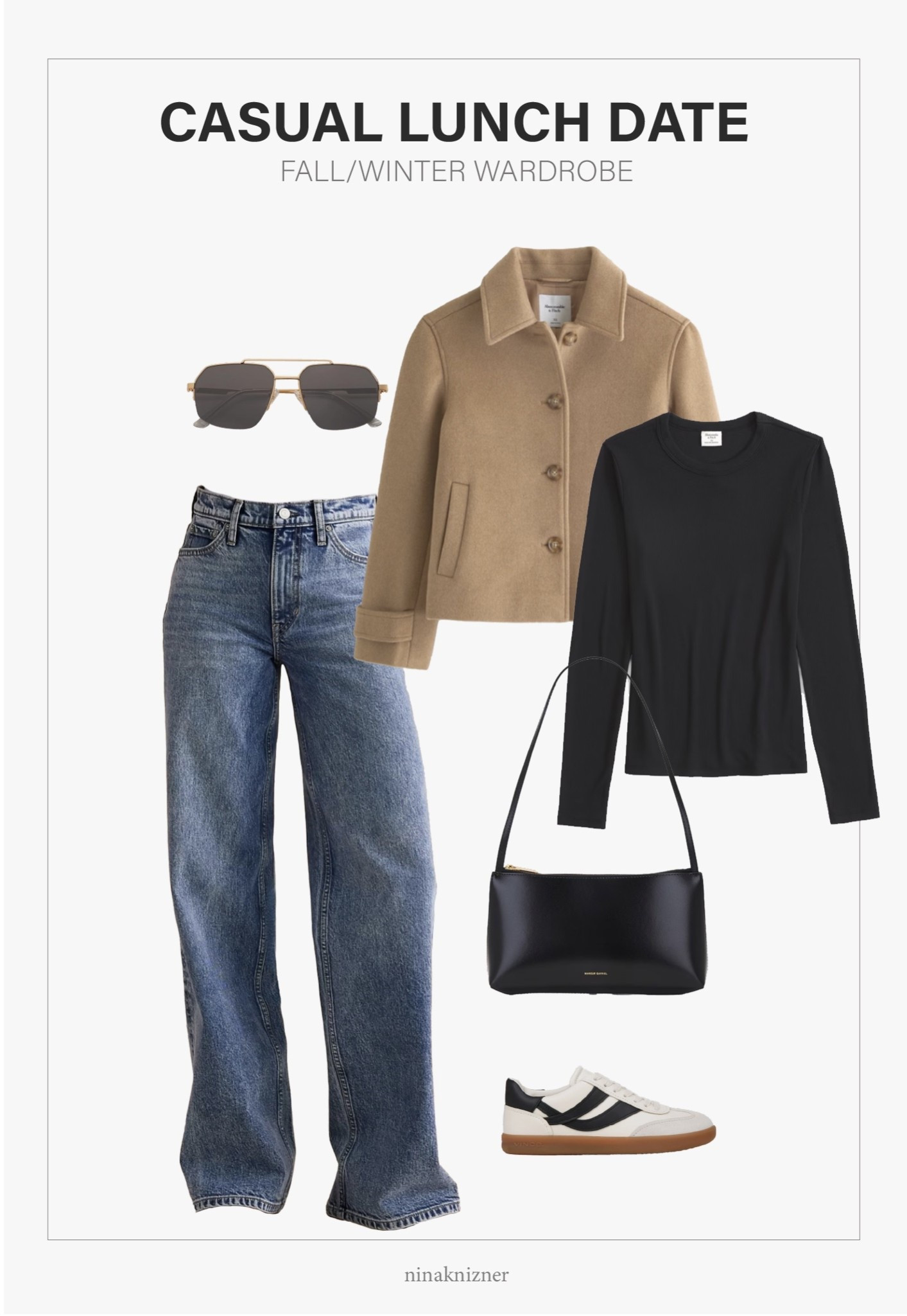 Late fall, early winter casual outfit…

This short camel coat is one of my favorite purchases this year..Pairing it with my most worn wide-leg jeans this season, and the comfiest capsule long-sleeve and my most loved sneakers of all time.

- Amazon Sojos Aviator Sunglasses in gold
- Banana Republic The Icon Classic Wide-leg Jeans in light wash
- Abercrombie Short Wool-Blend Coat in camel 
- Abercrombie Long-sleeve Rib Baby Tee
- Mansur Gavriel Gaia Shoulder Bag in black 
- Vince Oasis Sneaker in Milk/Nightblue

#coat #wool #woolcoat #casual #camelcoat #casualoutfit #jeans #falljeans #winterjeans #widelegjeans #winter #wintercoat #sneakers #aviator #longsleeve #sunglasses #LTKStyleTip
#LTKCyberWeek

#LTKSeasonal