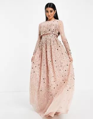 ASOS DESIGN Anarkali crop top maxi dress in scatter sequin in blush | ASOS (Global)