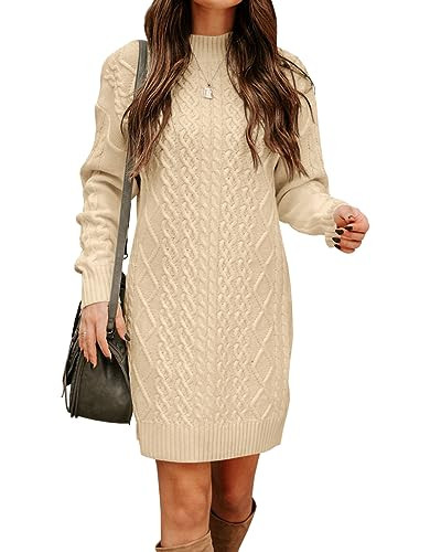 FSHAOES Womens Turtleneck Cable Knit Sweater Dress Fall Winter Long Sleeve Bodycon Mini Dresses S... | Amazon (US)