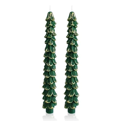 Gedengni Christmas Tree Candle Gold Candlesticks - 10inches Unscented Tree Shaped Green Taper Candles Decorative Tapered Candles for Holiday Christmas Party Dinner Table, 2pcs | Amazon (US)