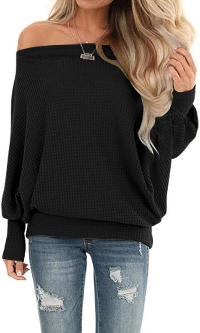 Lacozy Women's Waffle Knit Off The Shoulder Tops Oversized Long Sleeve Tunic Shirts Pullover Swea... | Amazon (US)