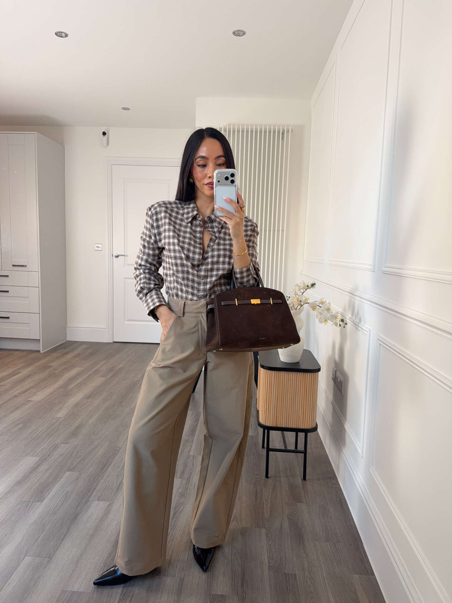 Autumn Outfits on Repeat 🍂 check shirt with tailored trousers and boots