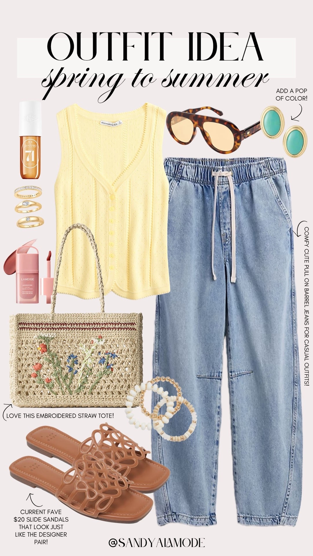 Causal spring to summer outfit idea. Spring outfit idea. Summer iutfit idea. Abercrombie summer sweater. Pull on drawstring jeans. Embroidered straw tote. Loewe inspired slide sandals. Trendy summer outfit idea  

#LTKgrwm #LTKootd #LTKSeasonal