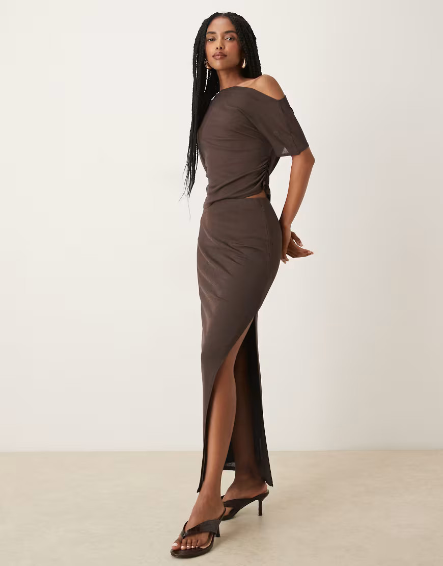 ASOS DESIGN co-ord mesh maxi skirt in brown | ASOS (Global)