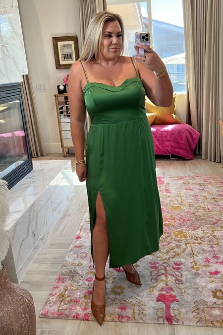 curvy green satin maxi dress with slit for fall! would be perfect for a fall wedding. wearing size xl 

#LTKcurves #LTKSeasonal #LTKunder100