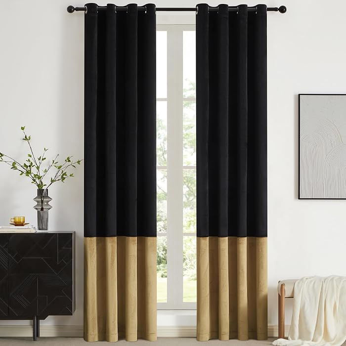BULBUL Black Gold Color Block Window Curtains Panels 96 inches Long Velvet Farmhouse Drapes for B... | Amazon (US)