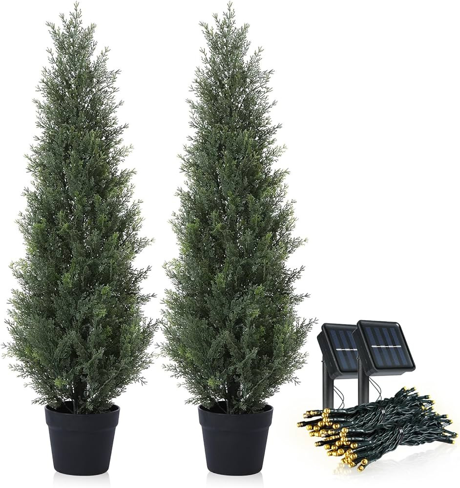Artificial Cedar Topiary Trees for Outdoors 3ft Fake Cypress Plants with Solar Light String, Faux... | Amazon (US)