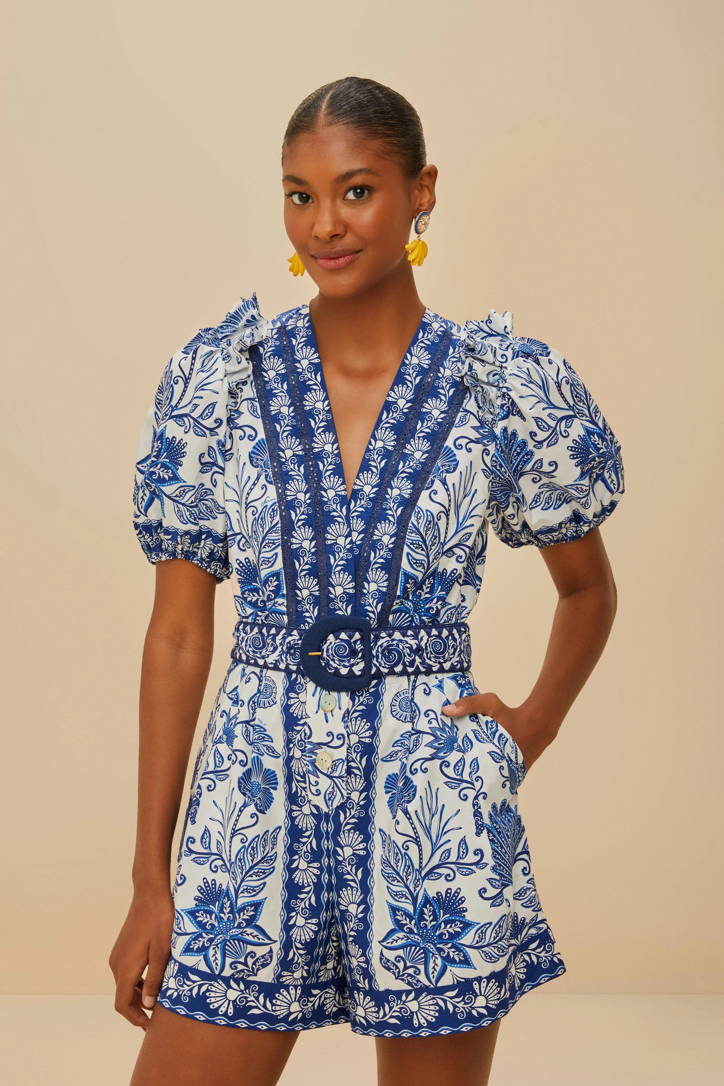 Off-White Shell Garden Organic Cotton Romper | FarmRio (US)