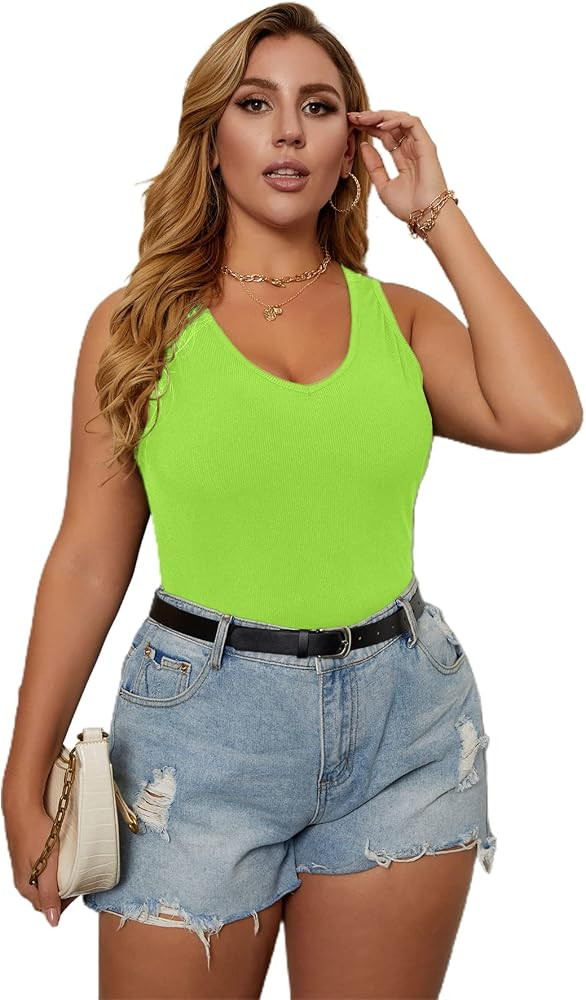 Romwe Women's Plus Size Sleeveless V Neck Ribbed Knit Fitted Vest Crop Tank Top | Amazon (US)