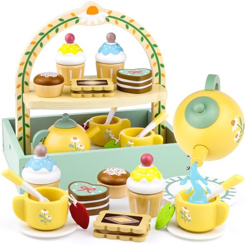 Wooden Tea Sets for Little Girls 1-3 Play Food Cake Toys Toddlers 3-5 Kitchen Accessories Pretend Play Princess Playset for 2 3 4 5 6 Year Old Girl Boy Party Birthday Gift | Amazon (US)