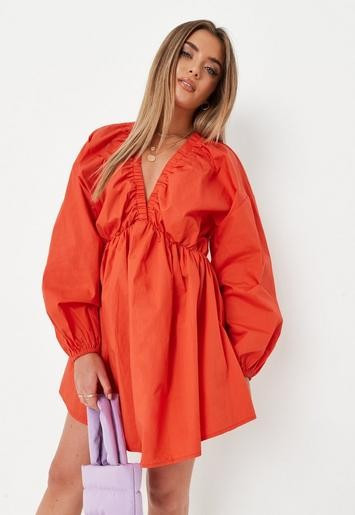 Missguided - Red Poplin Balloon Sleeve Smock Dress | Missguided (US & CA)