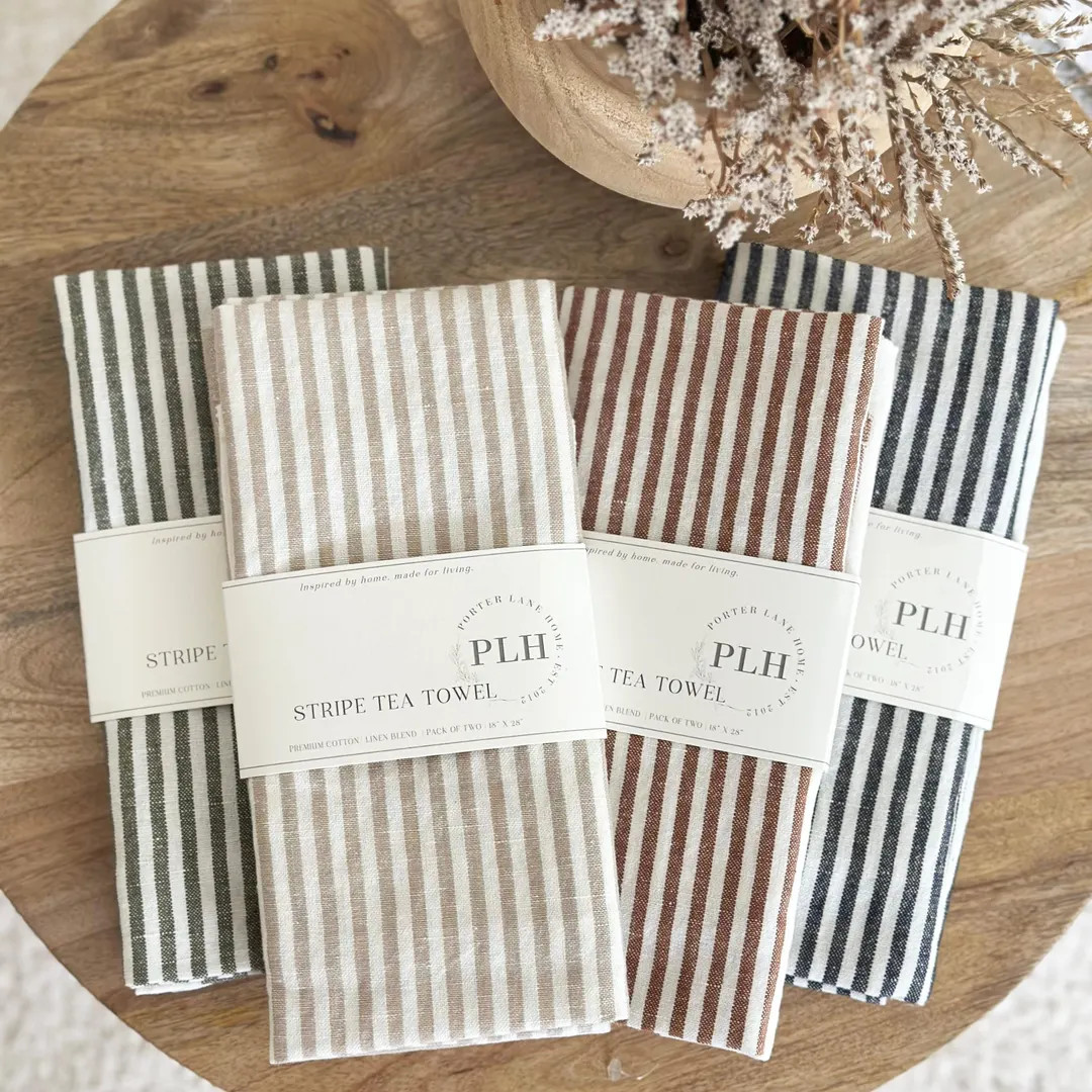 Stripe Tea Towel Set of 2 | Pinstripe and Cabana Pattern | Tan, Green, Rust, Black - Etsy | Etsy (US)