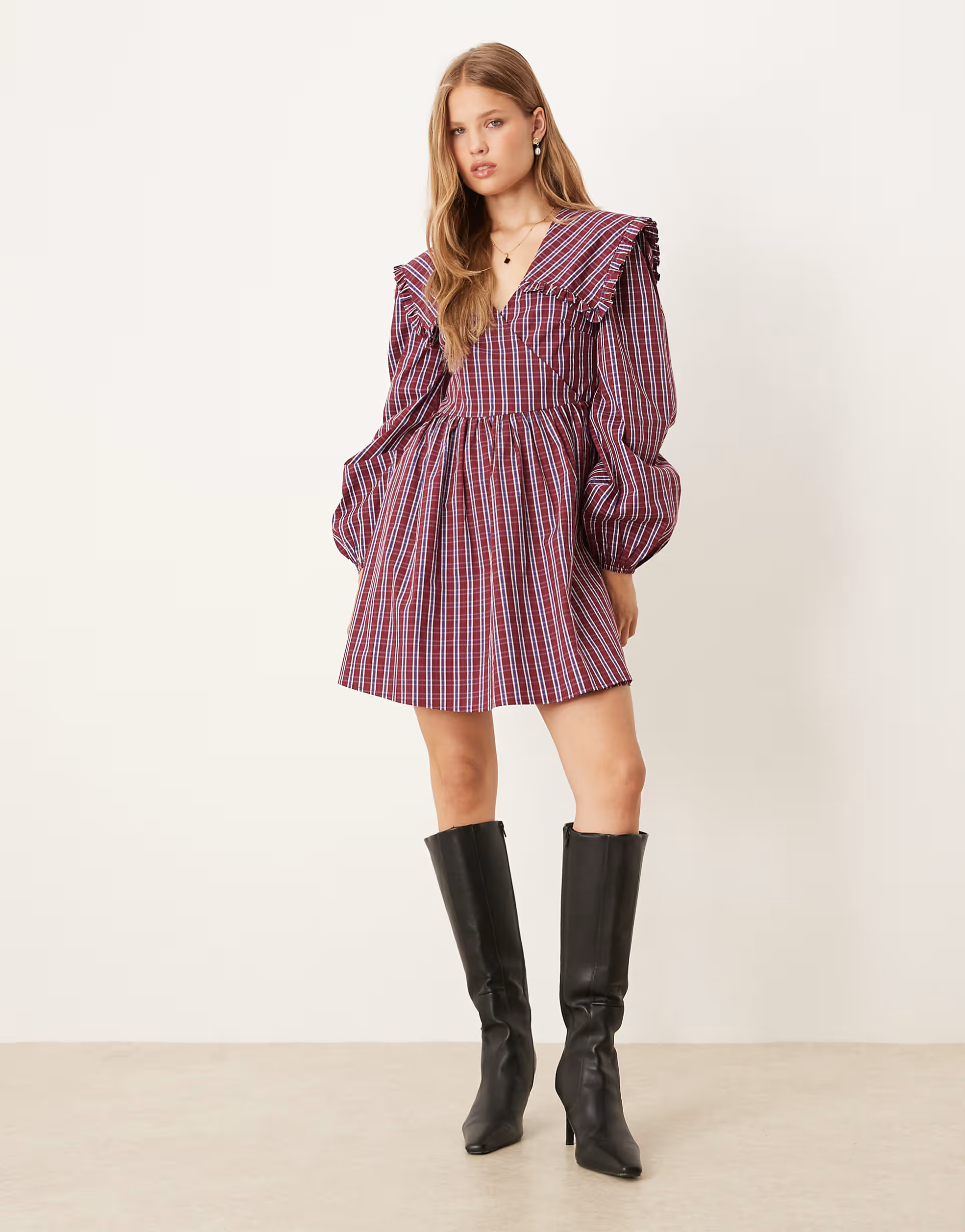 Glamorous long sleeve mii smock dress with dramatic collar in red blue check | ASOS (Global)