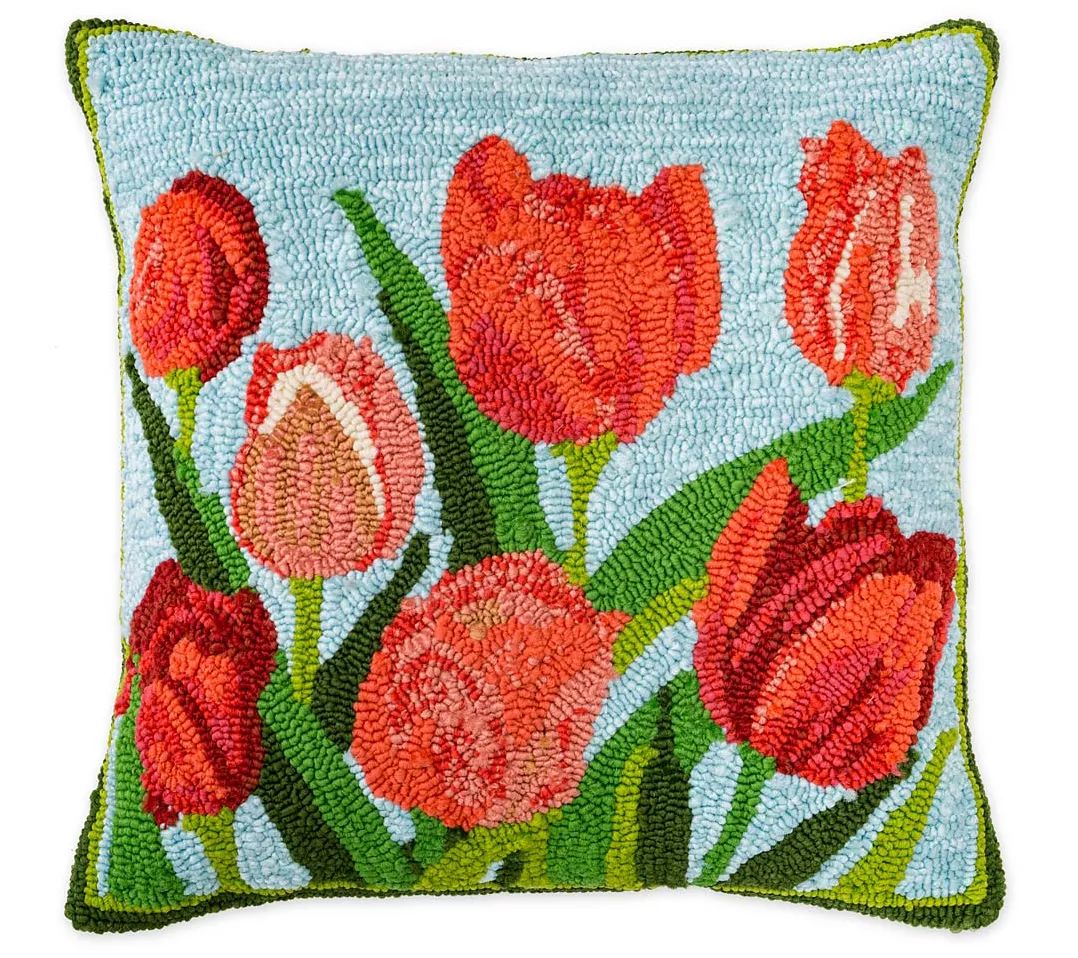 Evergreen 18"sq Indoor/Outdoor Pink Tulips Hooked Throw Pillow - QVC.com | QVC