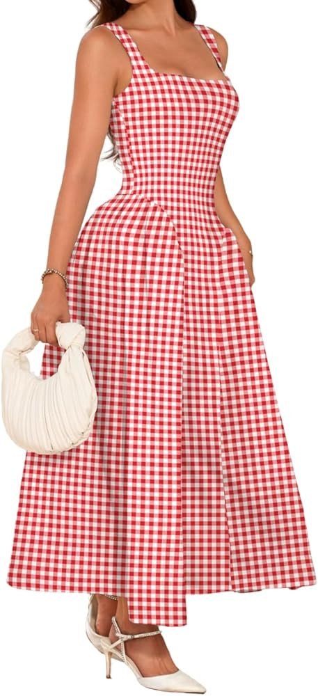 Plaid Maxi Dress, Square-Neck Drop-Waist, Wedding-Guest Party, Flowy A-Line Dresses for Women Dat... | Amazon (US)