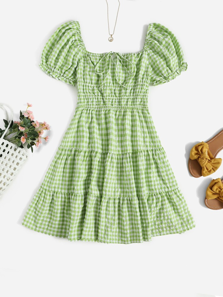 SHEIN Plus Puff Sleeve Tie Front Ruffle Hem Gingham Dress | SHEIN