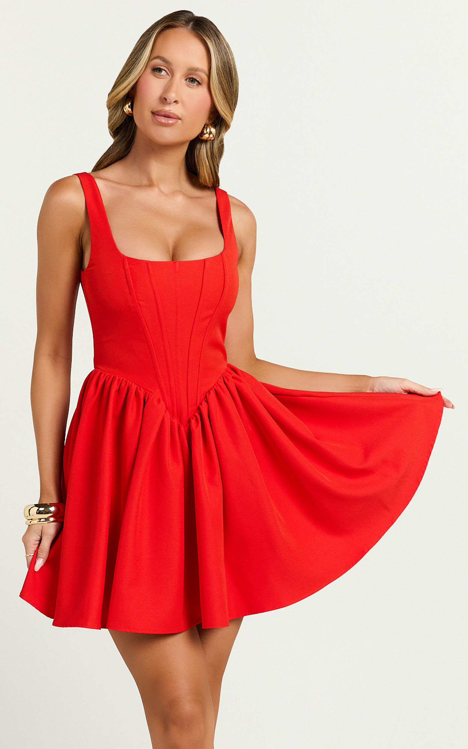 Aimee Mini Dress - Scoop Neck Corset Gathered Dress in Red | Showpo (US, UK & Europe)