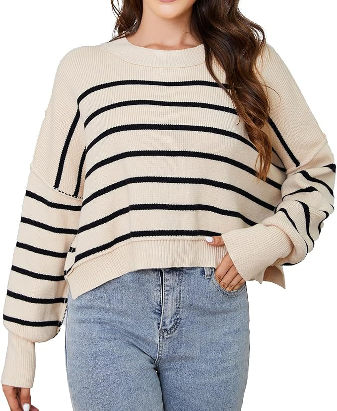 Rixiland Women's Long Sleeve Striped Pullover Sweaters Causal Crew Neck Crop Tops Oversized Pullo... | Amazon (US)