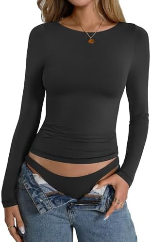 Womens Double Lined Long Sleeve Shirts Boat Neck Going Out Tops Trendy Slim Fitted Tees Basic Fal... | Amazon (US)