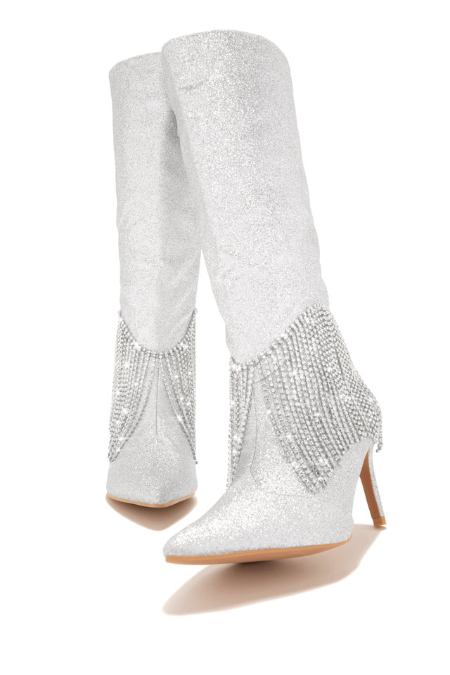 Miss Lola | Silver Embellished Fringe Knee High Boots | MISS LOLA