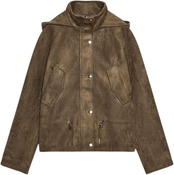 Xunger Women's Vintage Faux Suede Hooded Jacket Oversized Drawstring Waist Coat Stand Collar Casu... | Amazon (US)