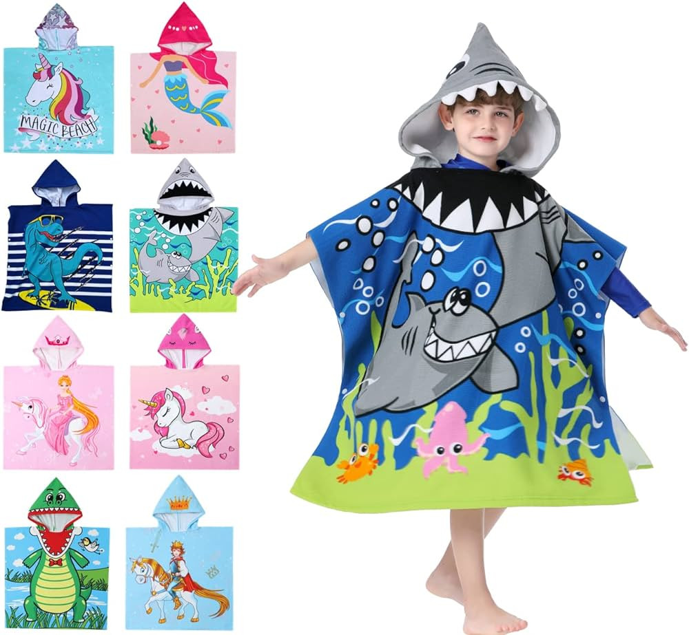 Hooded Bath Beach Poncho Towels for Kid Boys Girls Swim Cover-ups Cloak with Drawstring Bag, Grea... | Amazon (US)