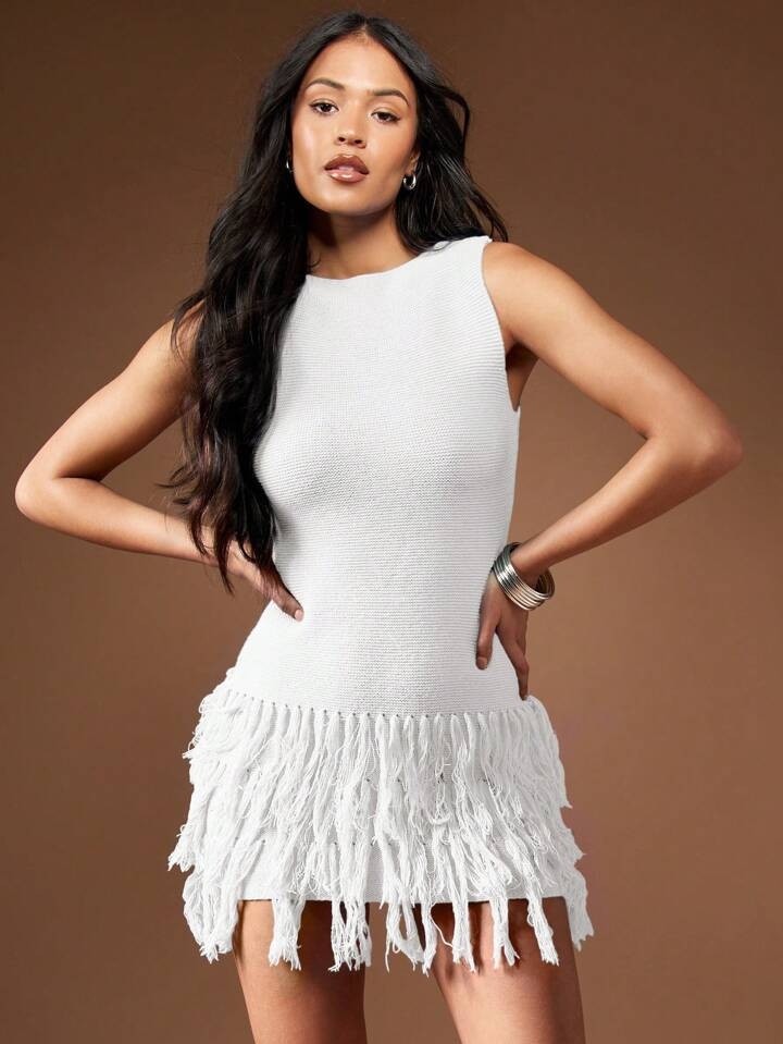 MISSGUIDED Fringe Detailed Hem Sleeveless Mini Dress Cute Sundress,Graduation Dresses | SHEIN