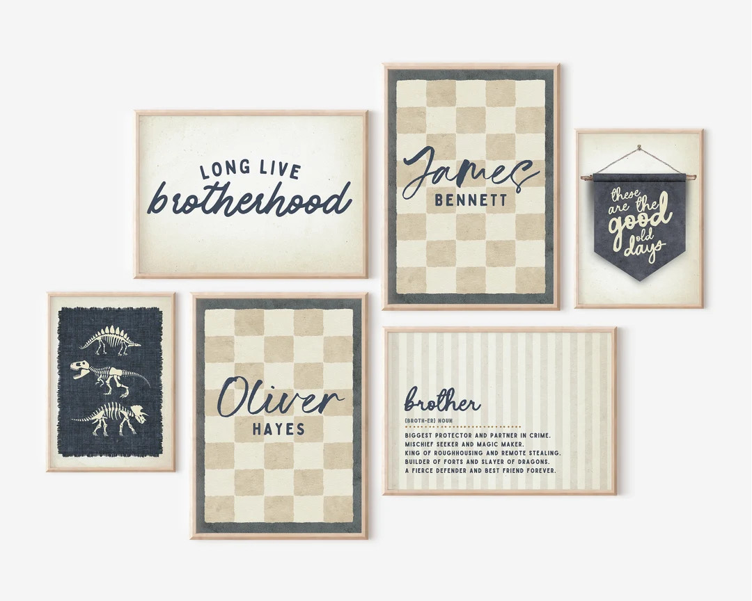 Brotherhood Wall Art Personalized Gallery Set 6 Brothers Dinosaurs Pennant Flag Banner Navy Blue ... | Etsy (US)
