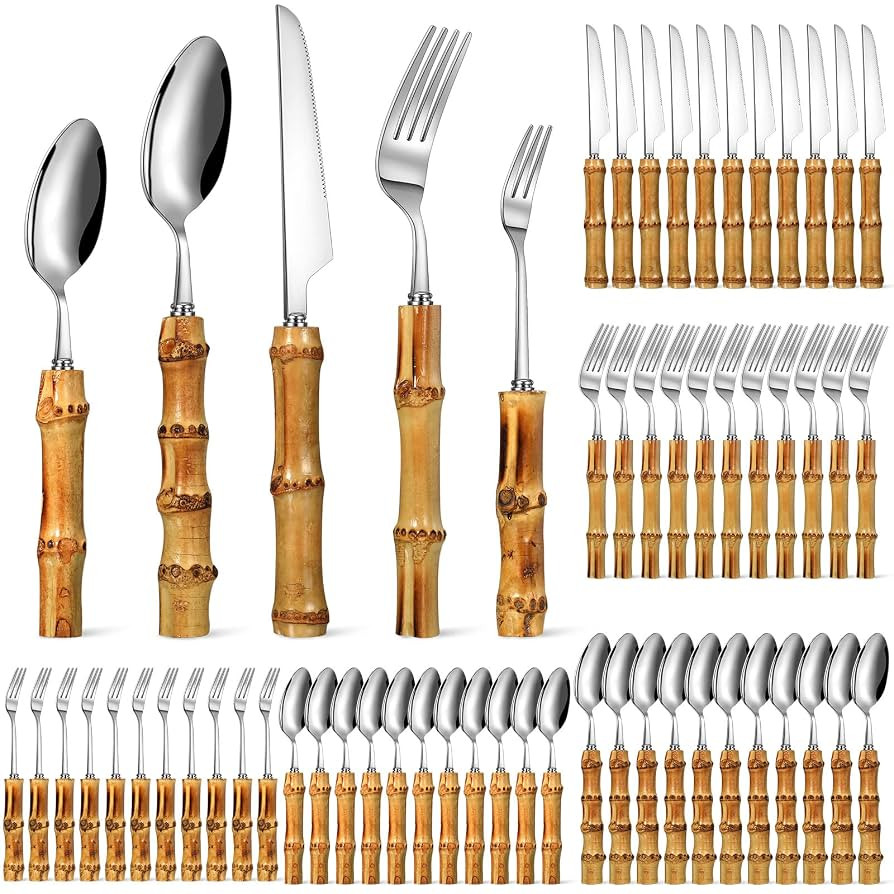 Eboot Bamboo Silverware Set 18/8 Stainless Steel Tableware Set Natural Utensil Flatware Kit Spoon... | Amazon (US)