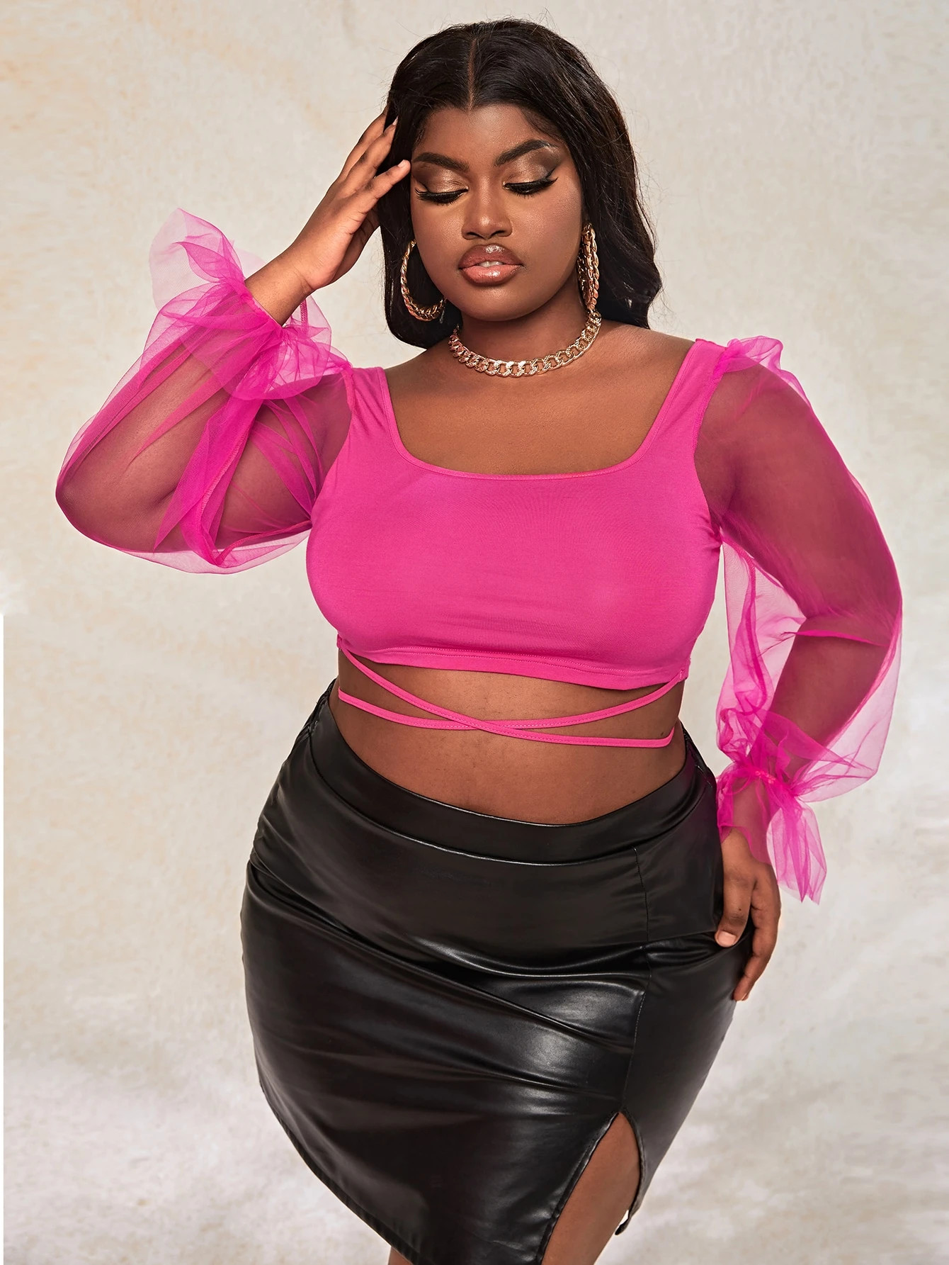 SHEIN SXY Plus Mesh Flounce Sleeve Crisscross Tie Back Crop Top | SHEIN