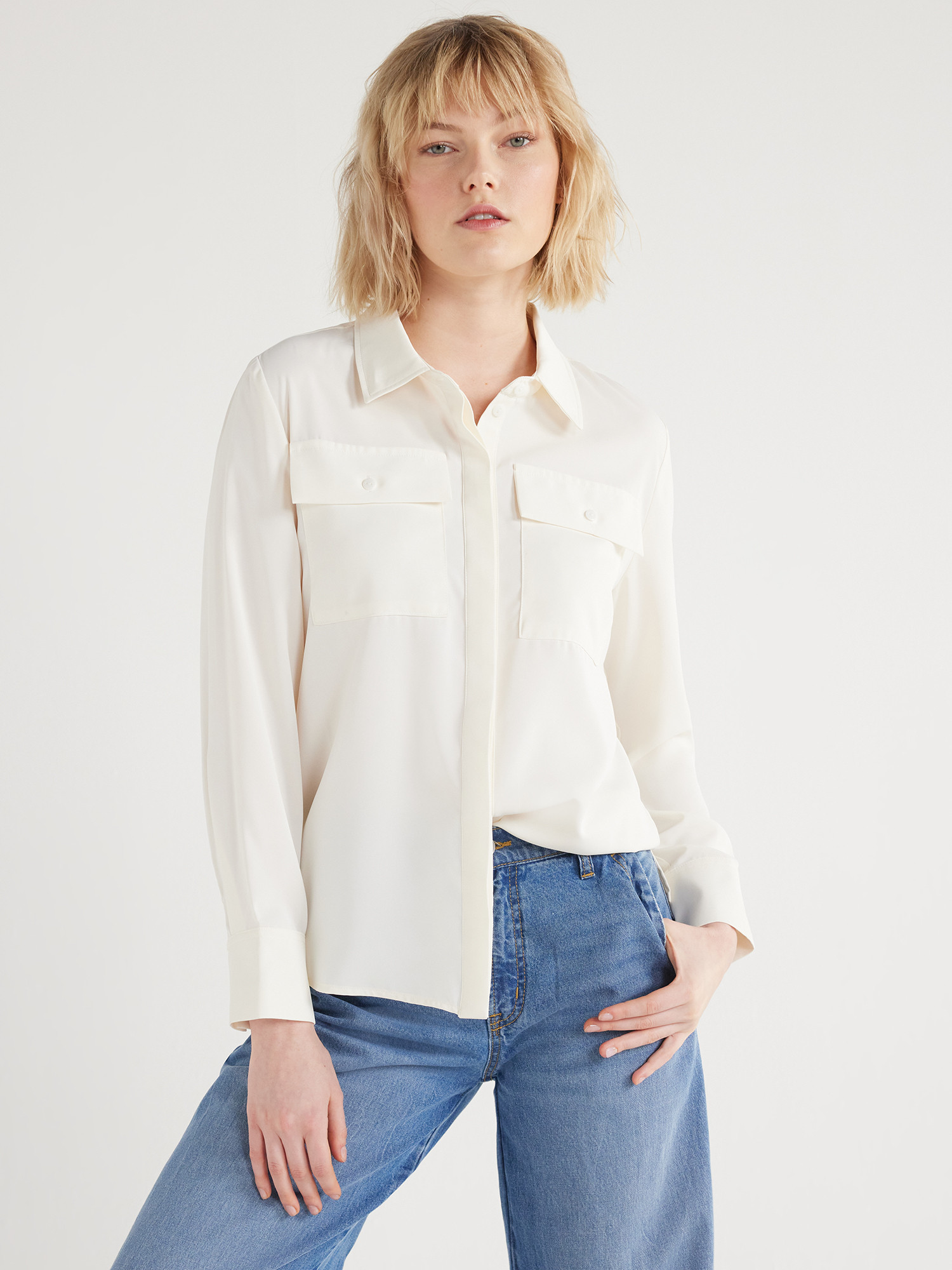 Scoop Women's Ultimate Button Down Blouse with Two Pockets, Sizes XS-XXL | Walmart (US)