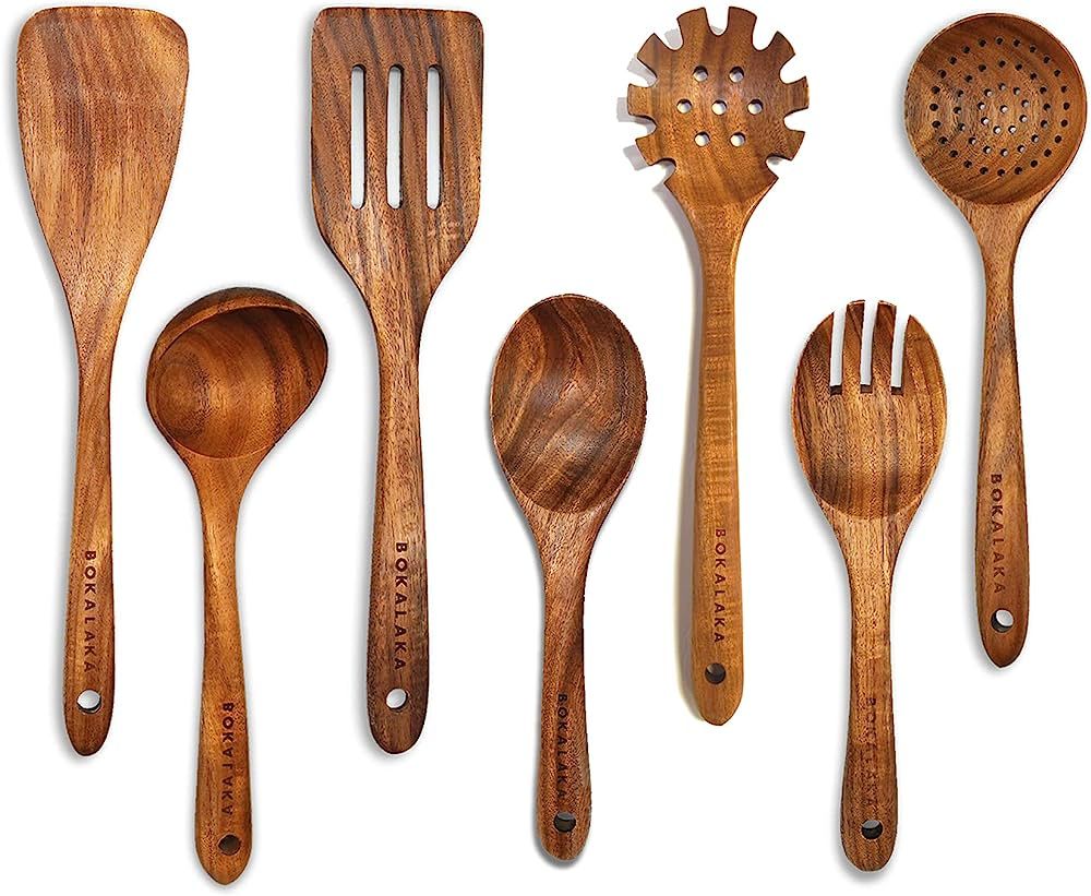 Wooden Spoons for Cooking,7Pcs Wooden Utensils for Cooking Teak Wooden Kitchen Utensil Set Wooden Co | Amazon (US)